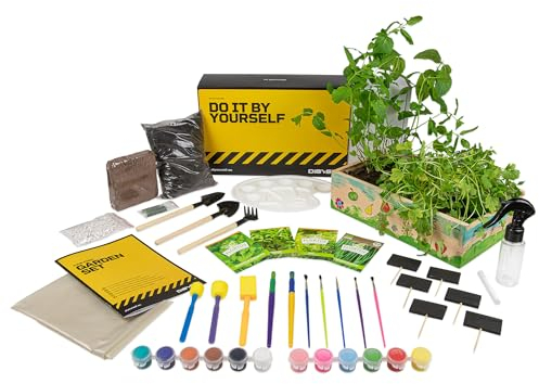 DIBYS Anzucht-Set für Kinder | Komplettes Garten-Set mit Kräuter-Samen, Holzwerkzeug, Erde, Farben & Anzuchtbox zum Bemalen | Kreative Geschenk-Idee für Jungen & Mädchen | Pflanzen-Set