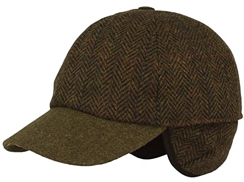 Breiter Winter Baseballcap mit Ohrenklappen Schildmütze ausklappbarer Ohrenschutz Wintermütze Kappe Olive Fischgrät 64