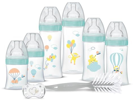 DODIE Födelsekit - 6 platta nappflaskor mot kolik (2 x 150 mL; 2 x 270 mL; 2 x 330 mL), 1 anatomisk napp 0-2 månader, 1 flaskborste - BPA-fri - grön