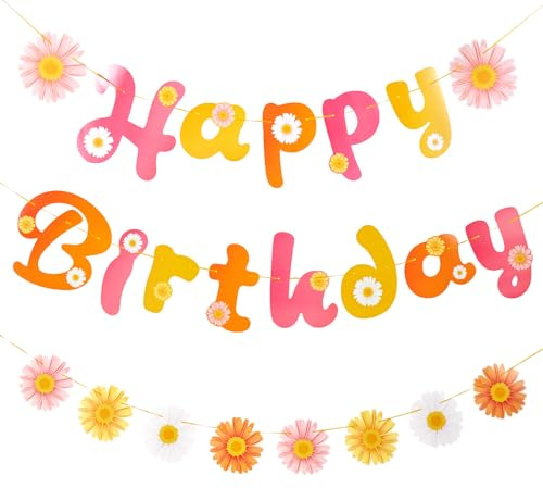 SUNBEAUTY 3 Stück Gänseblümchen Happy Birthday Girlande Frühling Girlande Happy Birthday Banner für Party Dekoration