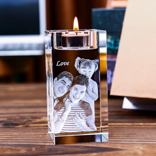 Personalisierter 2D-Foto-Kristall-Kerzenhalter, individuell gravierter Kristall-Kandelaber mit eigenem Bildtext, Gedenktag, Jahrestag, Weihnachten, Geburtstag, Geschenke für Vater, Mutter, Ihn, sie