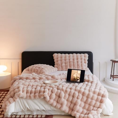 Lsimeru Kuscheldecke Kaninchenfellimitat Rosa Felloptik Flauschig Lammfelloptik Warme Weich Dicke Kaninchen Doppellagige Decke Wendedecke Überwurfdecke für Couch Sofa Bett,160x200cm