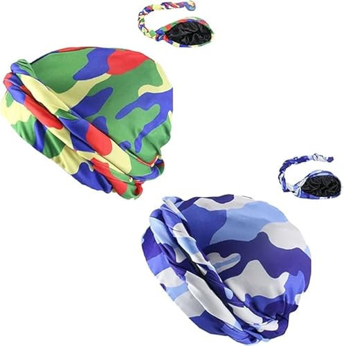 2 Stück Turban für Männer, Durag Twist Kopfbedeckung, Kopfbedeckung, Satin gefüttert, Halo-Turban-Hut, Bandana-Kappe, schweißableitende, vorgebundene, gedrehte Zopf-Haarabdeckung (Silikon, NO.5)