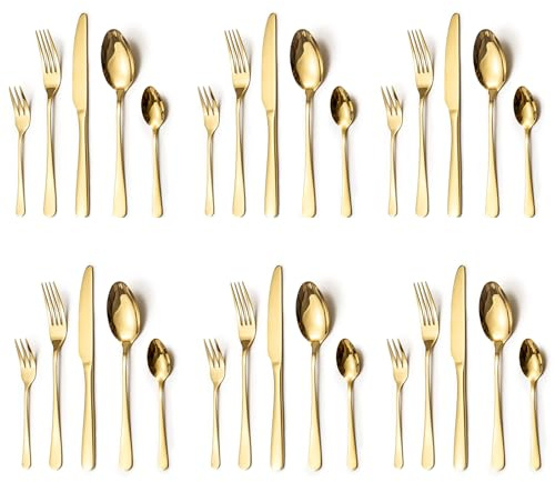 LAZAHOME Besteck Set, Edelstahl Spiegelpoliert 30 teilig Besteckset für 6 Personen, Essbesteck Set mit Messer Gabel Löffel für Familie/Party/Hotel/Restaurant, Gold Tafelbesteck, Spülmaschinenfest