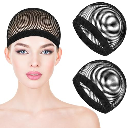 COMNICO 2PCS Wig Cap Stretchable Crochet Lace Mesh Wig Cap Net Closed End Hair Nets Sleeping Hairnet Liner Weaving Caps (Black)