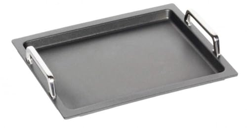 AMT Gastroguss Gastronorm - Grillplatte GN 2/3 glatt, Nicht-Induktion, 35,4 cm x 32,5 cm, 2 cm hoch, mit Edelstahlgriffen, Lotan® Antihaft-Veredelung, AMZN-23733-G