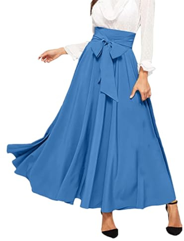 Damen Plissee-Röcke, A-Linie, Riemchen, hohe Taille, Stretch, solide, Midi-Lang, Maxi-Röcke, Freizeitröcke, hellblau, 40