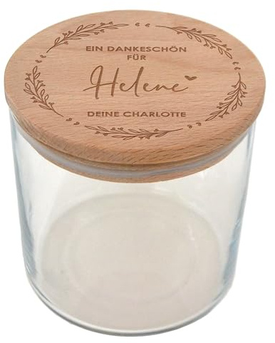 Feenstaub Vorratsglas mit Deckel, personalisiertes Glas mit Holzdeckel, luftdicht, graviert mit Namen, Aufbewahrungsglas mit Deckel, Keksglas mit Gravur, Bonbonglas, kleine Aufmerksamkeit, Kranz