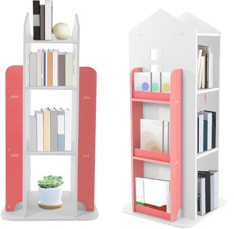HauTour Drehbares Bücherregal 360° Drehbar Display Bücherregal Aktenregal 3 böden Regal Drehbares Bücherregal Stehendes Bücherregal für Balkon Wohnzimmer Arbeitszimmer Schlafzimmer 41×95cm Rosa