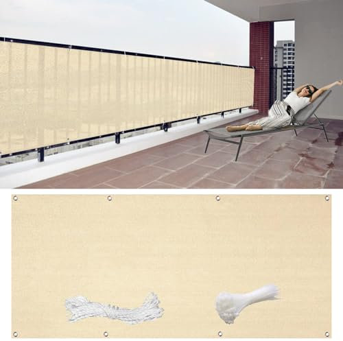 Balkon-Sichtschutz, 99,1 x 2,5 cm, HDPE, natürlicher Gartenzaun, Wind- und UV-Schutz, wetterfest, für den Außenbereich, Balkon, cremefarben