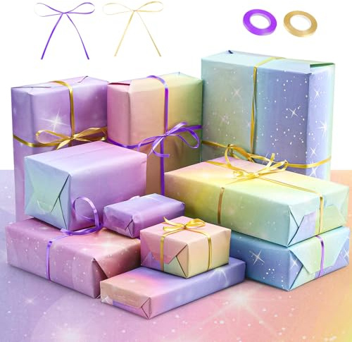 8 Pcs Rainbow Gradient Colour Gift Wrapping Paper with 2 Roll Satin Ribbon