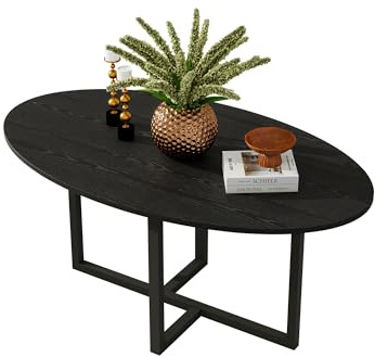 VERFARM Ovaler Couchtisch, Holzoptik, Akzenttisch mit Metallrahmen, schlichter, moderner Stil, Mitteltisch für Wohnzimmer, Heimbüro, einfache Montage, Schwarz