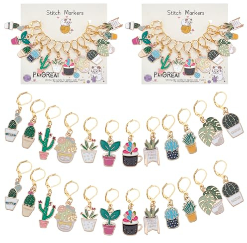 PLIGREAT 24 Stück süße Kaktus Maschenmarkierer Topf grüne Pflanzen Charms Stricken Verriegelung Marker für Frau Weben Nähen Quilten Häkeln Marker Schmuckherstellung Zubehör