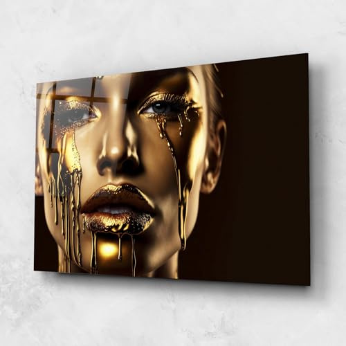 ARTHUB® Glasbild 80x120 cm, 4mm ESG | Moderne Wandbilder aus Glas für Wohnzimmer & Schlafzimmer, Wanddekoration, Wohnkultur, Frauen, Yellow Dripping Gold