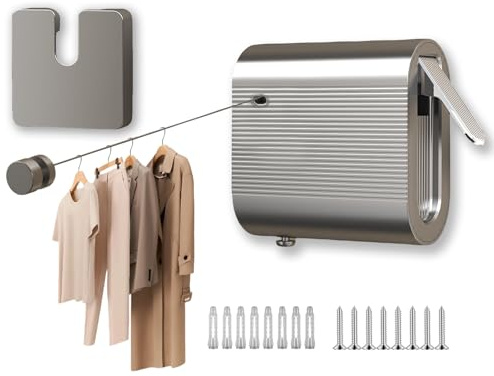 Wäscheleine ausziehbar Wand,wäscheleine ausziehbar,wäscheleine Camping,Nicht DurchhäNgende Einziehbare WäScheleine Wandmontage Retractable Clothesline 4.2M Edelstahlseil-Grau