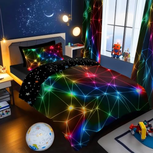 BlessLiving Single Duvet Cover Retro Neon Triangle Black Bedding Set Starry | Dreamy Duvet Cover Sets with Pillowcase Galaxy Constellation Sky Star Night Soft Breathable Microfiber Bedroom Accessories