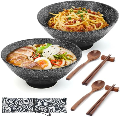 Hebaogugu 1000ml/34oz Ramen Bowls, 2 Sets Japanese Ramen Set with Chopsticks & Spoons for Udon, Pho, Cereal, Porcelain Soup Bowls for Home, Restaurant(Black)