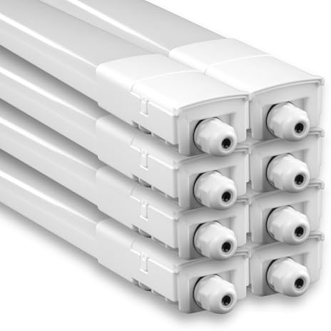 LUXULA 8 Stück LED Feuchtraumleuchte 150 cm, 45W 5175lm, 4000K | Neutralweiß, 115 lm/W, durchschleifbar, Fast Connector, robuste Wannenleuchte für Garage, Keller und Werkstatt, IP66 IK08