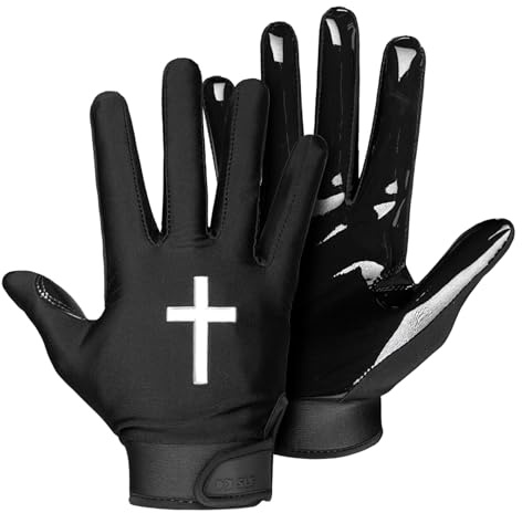 SLEEFS Youth Football Gloves for Men and Women, Faith Cross Black Sticky Receiver Flag Football Gloves for Youth, Adult Men or Women, Stretch Fit, No Slip, Perfect Grip, Machine Washable, Small