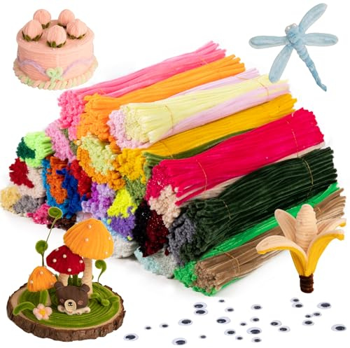 Caydo 2600 Stück 40 Farben Pfeifenreiniger Craft Supplies mit 100 Stück Wiggle Eyes Soft Chenille Stiele für Kinder DIY kreative Kunsthandwerk Dekoration, 6 mm x 12 Zoll | Chenille-Stiele für kreative Kunst- und Bastelprojekte