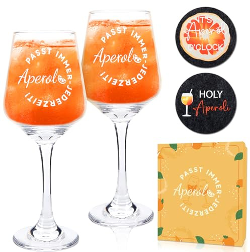 Aitsite Aperol Gläser im 2er Set, Schöne Aperol Geschenk mit 2 Cocktail Gläser und 2 Filzuntersetzer, Personalisiert Aperol Spritz Ideale Geschenkfür Familie Frauen Männer Freunde