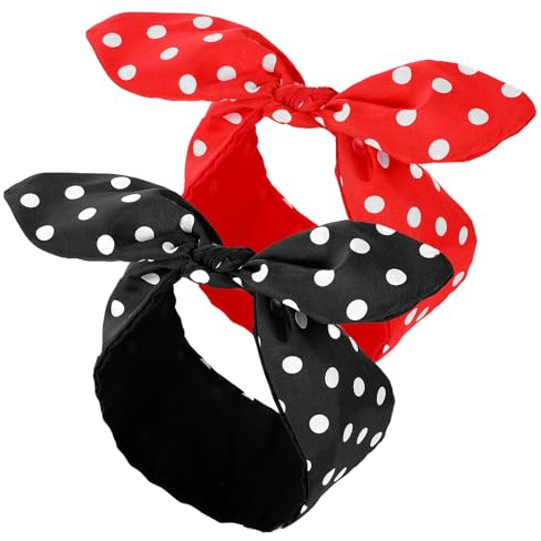 TIESOME 2 stycken polka runt hårband med metalltråd, hårband rockabilly pannband vintage hårband svart röd rosett knutar hårband för flickor 50-talet 90-talet dekoration tillbehör kvinnor