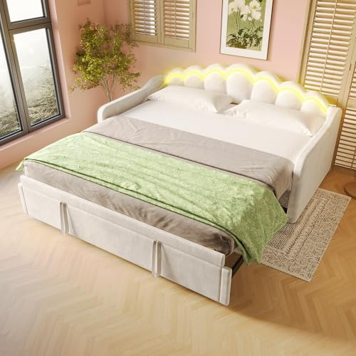 RIAZOS Polsterbett Schlafsofa 90/180 x 200 cm, Einzelbett mit LED Rückenlehne, Ausziehbares Tagesbett, Multifunktionsbett Gästebett, Doppelbett, Samt, Daybett ohne Matratze, Beige