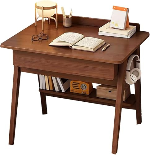 Piccola scrivania in legno con cassettie Ripiani – scrivania per computer in ufficio,Tavolo da Scrittura Moderna Postazione di Lavoro per Pc con Ganci (Color noce, 80cm)