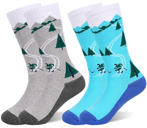 HYCLES Calcetines de esquí para niños y niñas, 2 pares de calcetines térmicos coloridos y cálidos calcetines de esquí para niños, calcetines suaves y transpirables de invierno al aire libre para