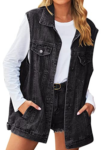 Gilet en jean pour femme - Sans manches - Noir - Grandes tailles - Gilet en denim avec boutonnière - Veste de transition élégante - Vestes en jean usées - Veste sans manches, O Noir., L