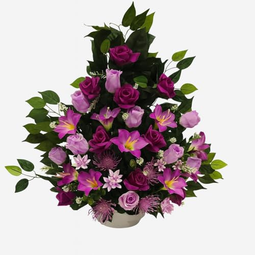 DRW Kunstblumen-Zentrum für Hochzeiten, Kirchen, Friedhöfe mit Taglilien und Rosen, Violett, 75 x 70 x 28 cm