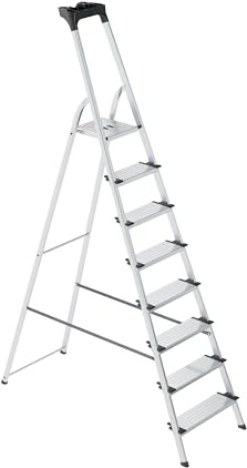 Bayersystem Aluleiter 8-stufig, mit Werkzeugablage, leicht, klappbar, Tragkraft 150 kg, Stufenleiter, tragbar, stabil, rutschfest, Multifunktionsleiter für Haushalt, Lager und Büro