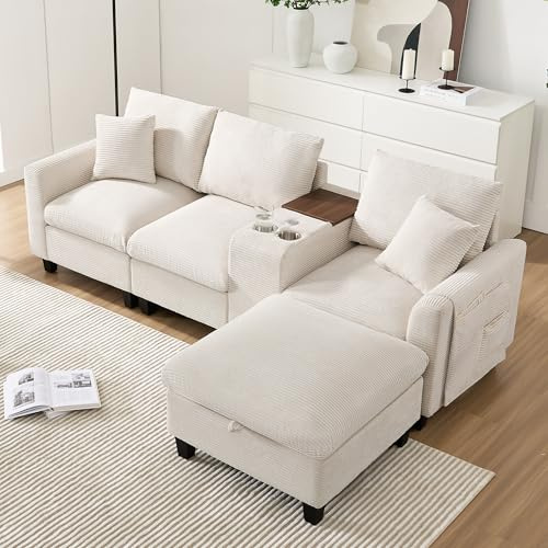 Modernes L-Form Ecksofa mit Konsole & Hocker mit Stauraum, USB-Ladestation, 4-Sitzer Komfort Couch aus Cord Stoff, Becherhalter, Armlehnen Aufbewahrungstasche, für Wohnzimmer, Kleine Räume (Beige)