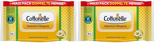 Cottonelle Feuchtes Toilettenpapier, Natürlich Pflegend - Kamille & Aloe Vera, Biologisch Abbaubar, Plastikfrei, Wiederverschließbar, 1 x 84 Feuchttücher (Einzelpack) (Packung mit 2)
