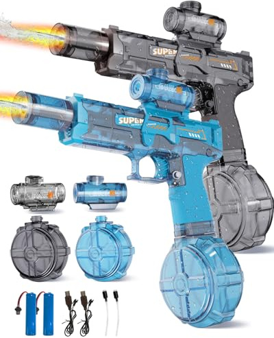 POPERFUN 2PCS Electric Water Gun for Adults Kids, Automatic Water Pistol Blaster with Spray Sound and Led Light, Leak-Proof Rechargeable Watergun for Summer Outdoor Pool Beach Toys for Boys