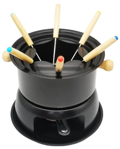 NASSMOSSE Service à Fondue : caquelon en Acier au Carbone avec 6 fourchettes, Tasse à Fondre pour Chocolat, Fromage et Viande, pour 6 Personnes
