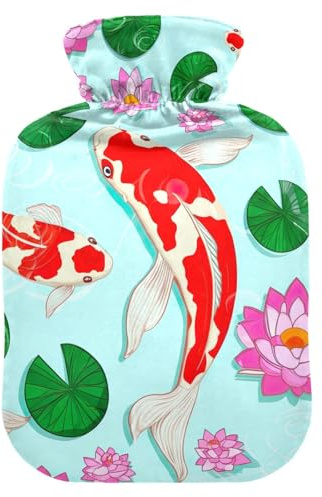 Hot Water Bottles with Soft Cover Feet and Bed Warmer Koi Fish Lily Flowers Green Warm Water Heat Bottles for Menstrual Cramps Pain Relief Medium