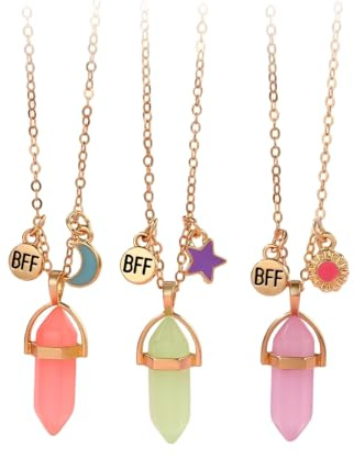 HWJQ Crystal Friendship Necklace for 3 Cute Sun Moon Star Best Friend BFF Necklace Hexagonal Column Necklaces Choker for Women Glow in the Dark Jewelry