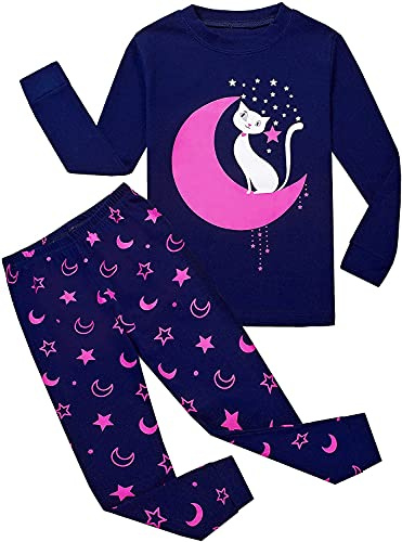Tkiames Petit Filles Girafe Ensemble 2 Pièces Bien serré Coupe étroite Pyjama 100% Coton (Taille 1-10 Ans),Moon Cat,6-7 ans