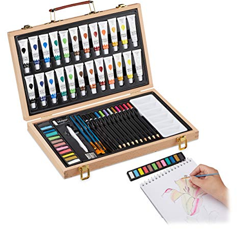 Relaxdays Valigetta con Kit Pittura e Disegno, 56 Accessori, Matite Gomma Temperino Colori Acrilici, Legno Naturale, unità