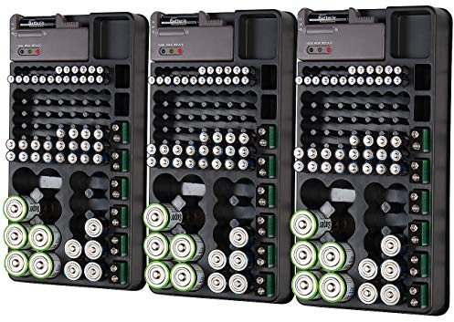 tka Köbele Akkutechnik Batteriehalter: 3er-Set 2in1-Batterie-Organizer für 98 Batterien, mit Batterie-Tester (Batterie-Boxen, Organizer-Box für Batterie, Mitbringsel)