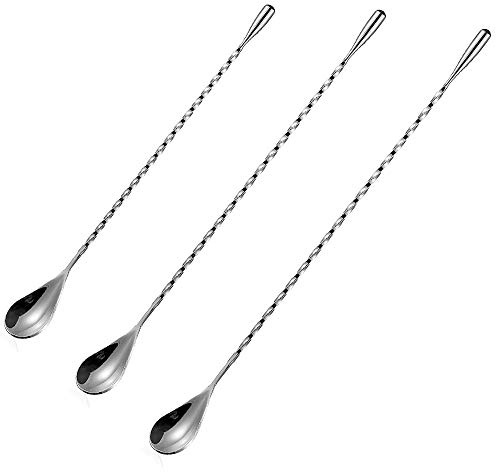 Cuchara mezcladora de cóctel de acero inoxidable, cuchara larga para coctelera, cuchara agitadora, cuchara de bar trenzada, 30 cm + 40 cm + 50 cm, plata