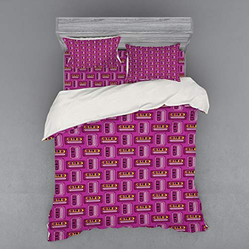 Ambesonne Retro Duvet Cover Set, Cassette Tapes Pattern Nineties Design Classic Motifs Illustration, 4 Piece Bedding Set with Shams and Fitted Sheet, California King, Yellow and Pink
