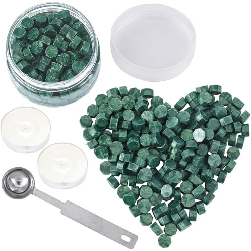CRASPIRE 210 Stück Siegel Wachsperlen Set Wachs Siegel Perlen Kit Mit 1 Stück Schmelzlöffel Und 2 Stück Teelicht Kerzen Für Wachs Siegel Stempel Brief Hochzeitsgeschenk (Grün)