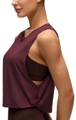 CRZ YOGA Mujer Algodón Pima Camiseta Sin Mangas de Fitness Ropa Deportiva Cuello Redondo Crop Top Rojo Oscuro 44