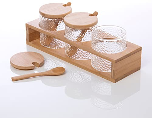 Homiu 3 Pack Glass Spice Jars with Bamboo Lids | Airtight Spice Jars Spoons Lids | Glass Storage Containers for Spices, Seasoning, Seeds, Grains, Sugar or Salt