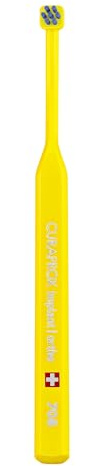 Curaprox CS 708 Implant Ortho Zahnbürste, Gelb-Blau, Swiss Made | Für Implantate, Zahnspangen & Schwierige Stellen, Flexibler Kopf Für Präzise Reinigung, Einzelpack, Swiss Made