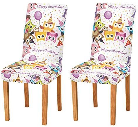 JUMBEAR Stuhlhussen mit Eulen-Motiv Happy Birthday für Esszimmer, dehnbar, abnehmbar, waschbar, staubabweisend, für Küchenstuhl, dekorativer Sitzschutz, 2er-Set