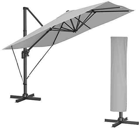 SONGMICS Sonnenschirm 290 x 290 cm, Ampelschirm, Gartenschirm, UV-Schutz UPF 50+, um 360° drehbar, Neigungswinkel verstellbar, mit Ständer, Befestigungsgurten und Abdeckung, hellgrau GPU039G02