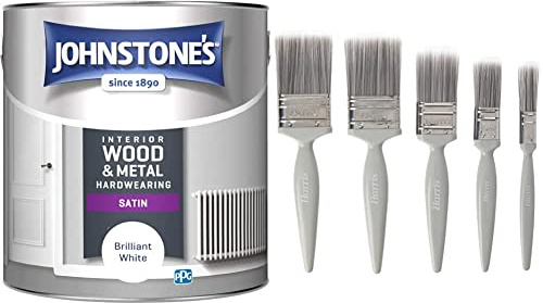 Johnstone's Hardwearing Satin, Briliant White, 2.5L and Harris Essentials Walls & Ceilings Paint Brush Set | Pack of 5 | 0.5, 1, 1.5, 2